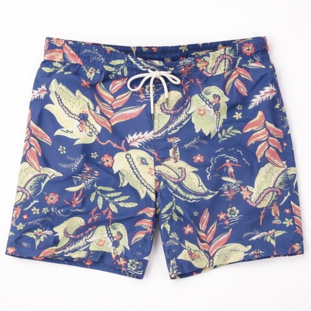 Polo Ralph Lauren Hawaiian Print Swim Trunks Mens L Blue Surfer Tropical Shorts